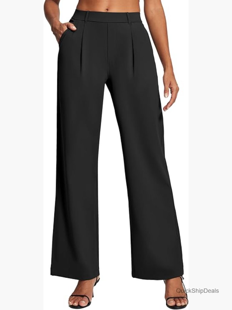 Wide Leg Dress Pants High Waist Pull On Work Trousers Stretchy Slacks